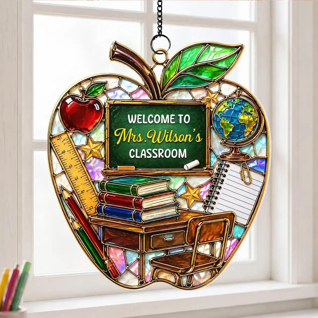 Teacher Apple Acrylic Suncatcher Ornament, Personalized Classroom Decor for Sunlit Windows, Unique Gift