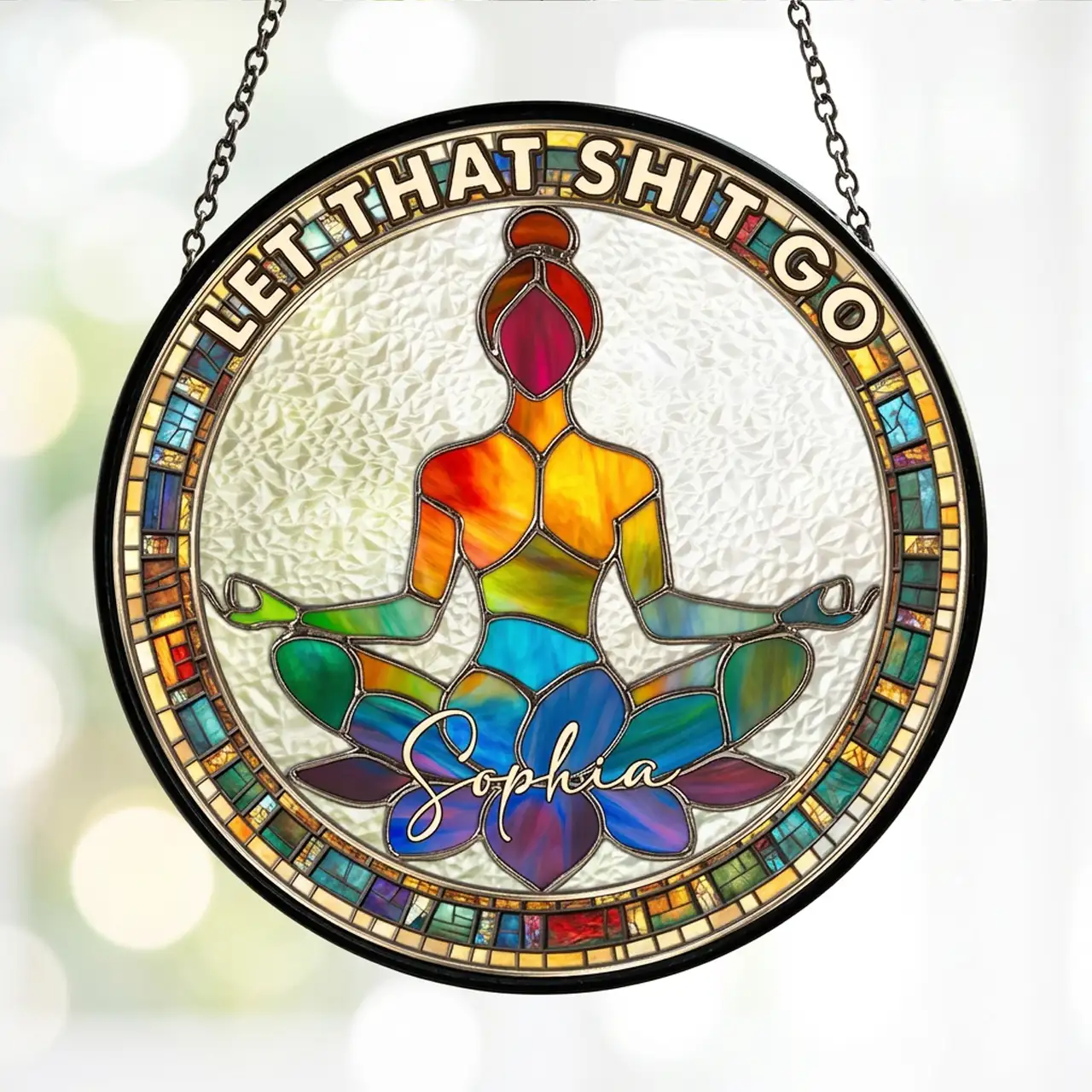 Personalized Glass Suncatcher Ornament, Meditating Woman Lotus Pose, Colorful Window Decor, Unique Gift