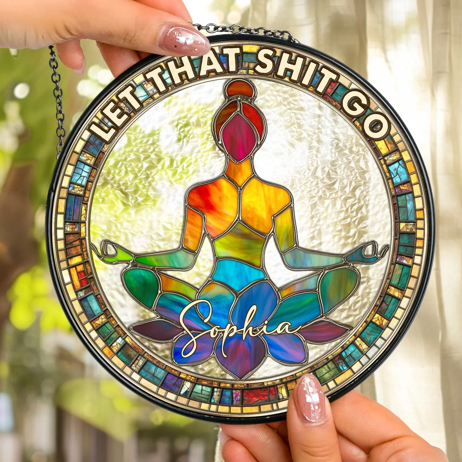 Personalized Glass Suncatcher Ornament, Meditating Woman Lotus Pose, Colorful Window Decor, Unique Gift - Image 2
