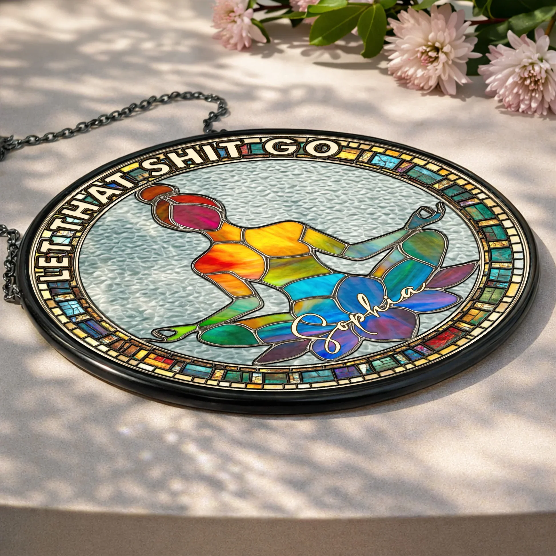 Personalized Glass Suncatcher Ornament, Meditating Woman Lotus Pose, Colorful Window Decor, Unique Gift - Image 3