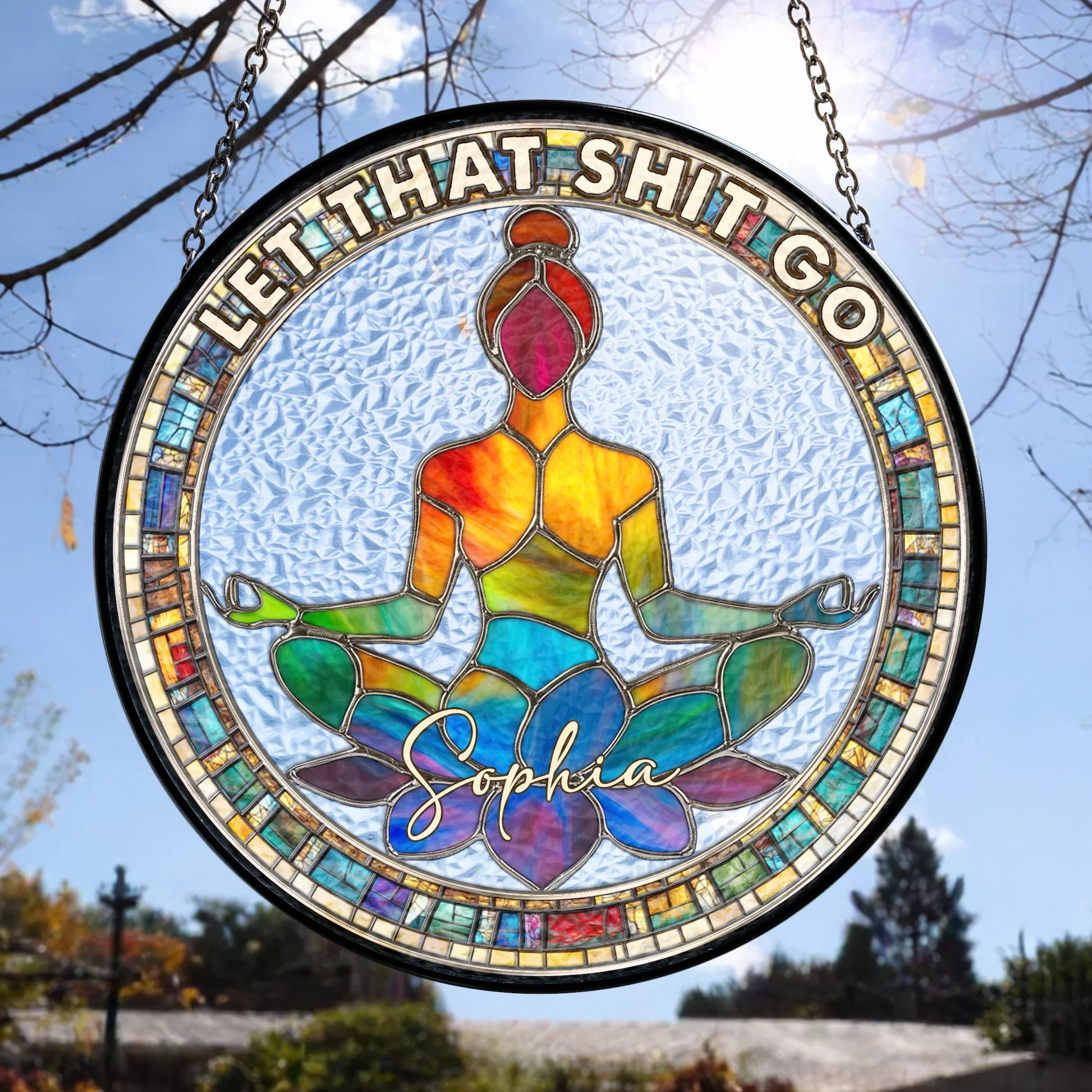 Personalized Glass Suncatcher Ornament, Meditating Woman Lotus Pose, Colorful Window Decor, Unique Gift - Image 5