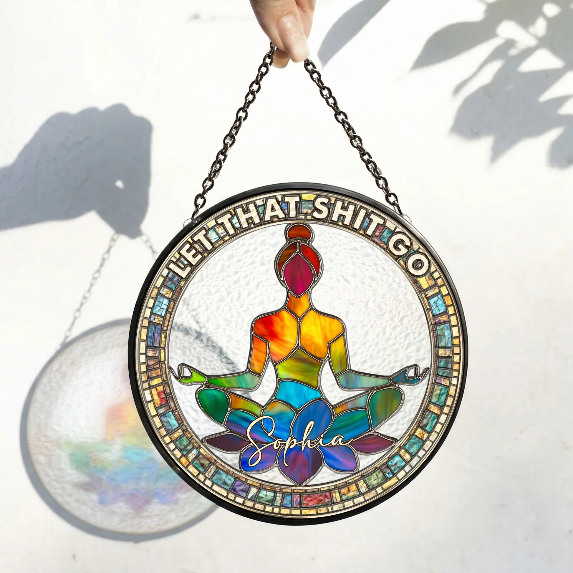 Personalized Glass Suncatcher Ornament, Meditating Woman Lotus Pose, Colorful Window Decor, Unique Gift - Image 6