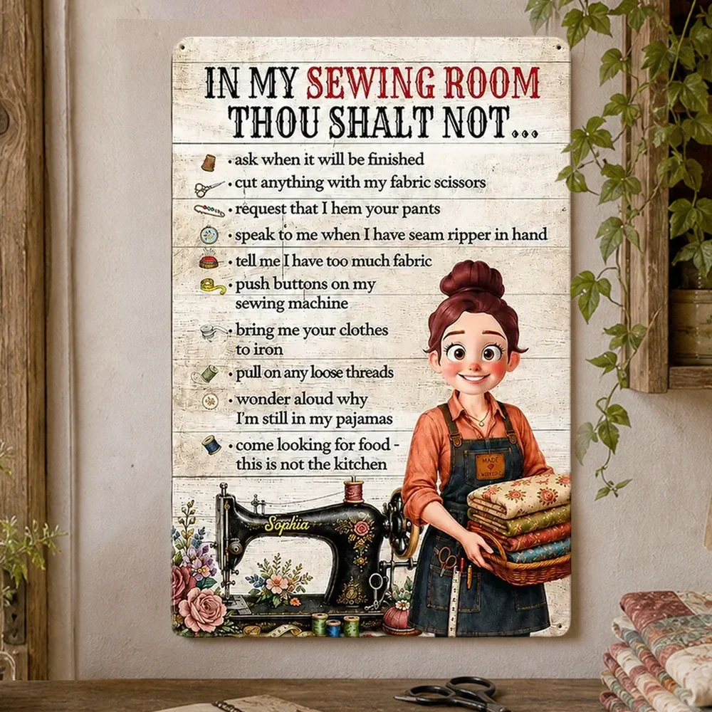 Personalized Rectangular Iron Sign, Sewing Room Rules, Smiling Sewing Girl Holding Fabric, Unique Gift for Crafters