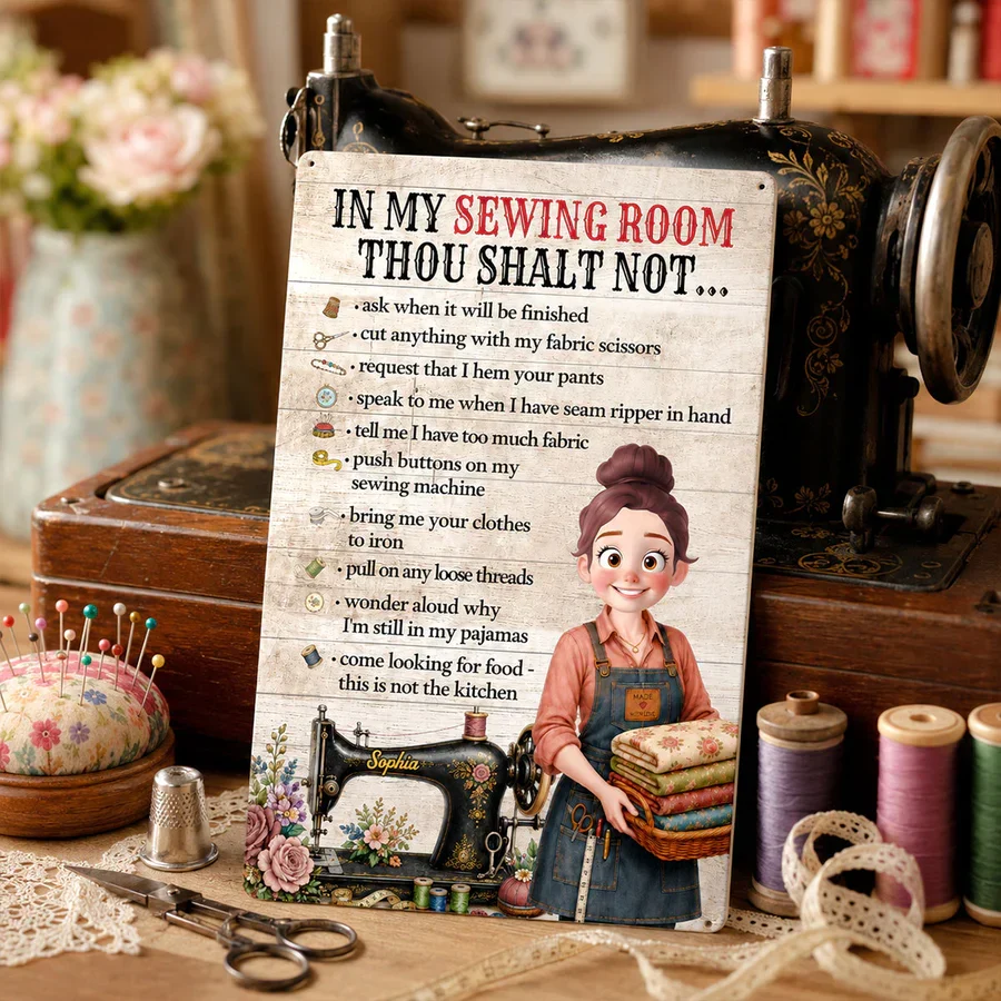 Personalized Rectangular Iron Sign, Sewing Room Rules, Smiling Sewing Girl Holding Fabric, Unique Gift for Crafters - Image 3