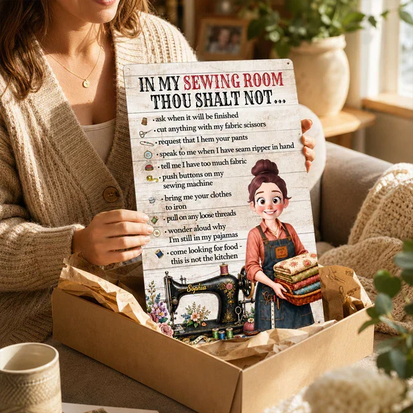 Personalized Rectangular Iron Sign, Sewing Room Rules, Smiling Sewing Girl Holding Fabric, Unique Gift for Crafters - Image 4