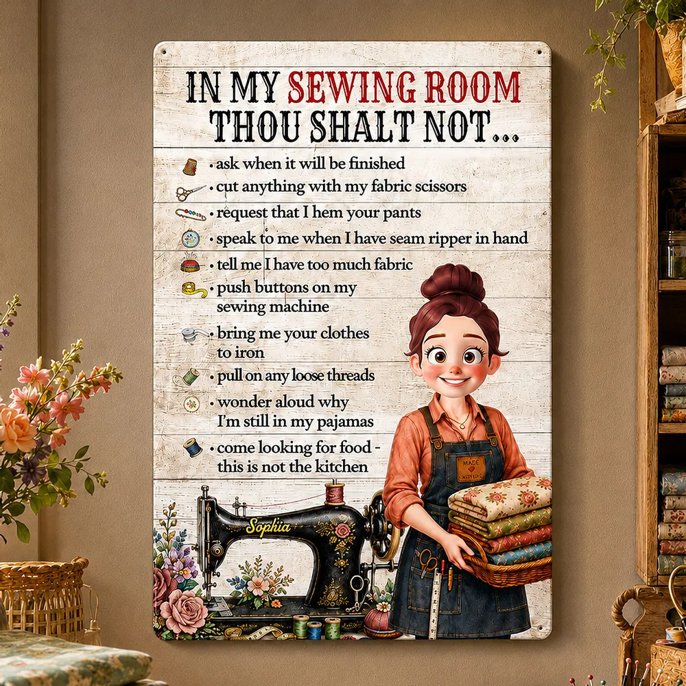 Personalized Rectangular Iron Sign, Sewing Room Rules, Smiling Sewing Girl Holding Fabric, Unique Gift for Crafters - Image 6