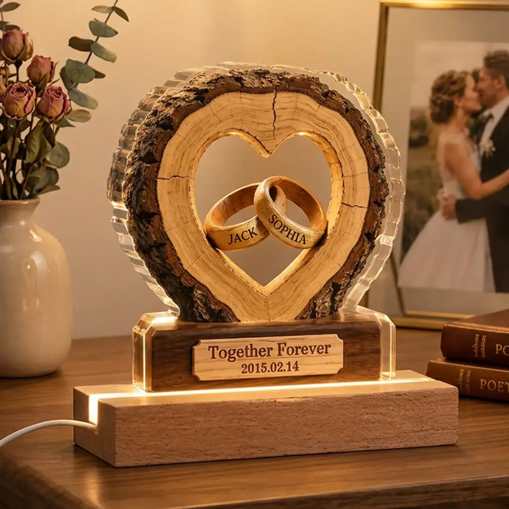 Personalized LED Light Plaque With Heart & Rings, Unique Anniversary Gift for a Couple, Warm Bedside Glow