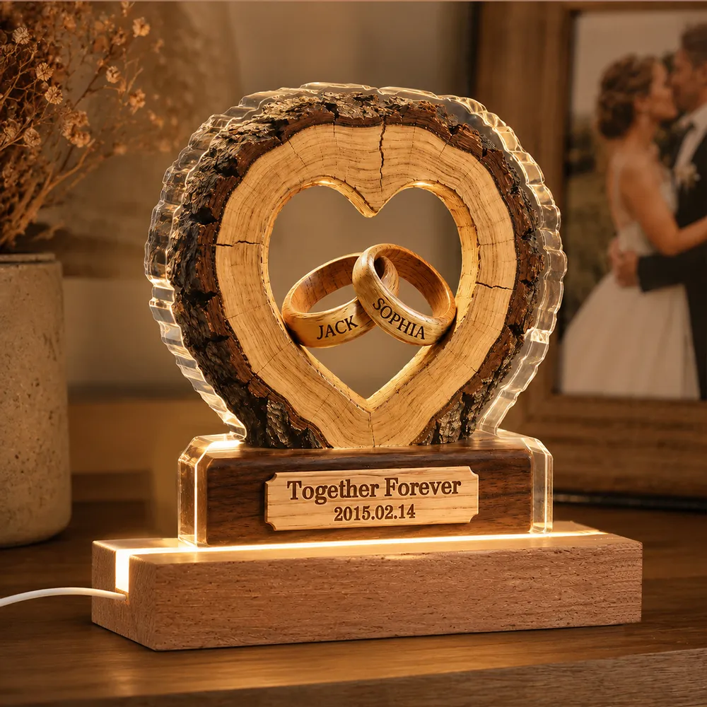 Personalized LED Light Plaque With Heart & Rings, Unique Anniversary Gift for a Couple, Warm Bedside Glow - Image 2