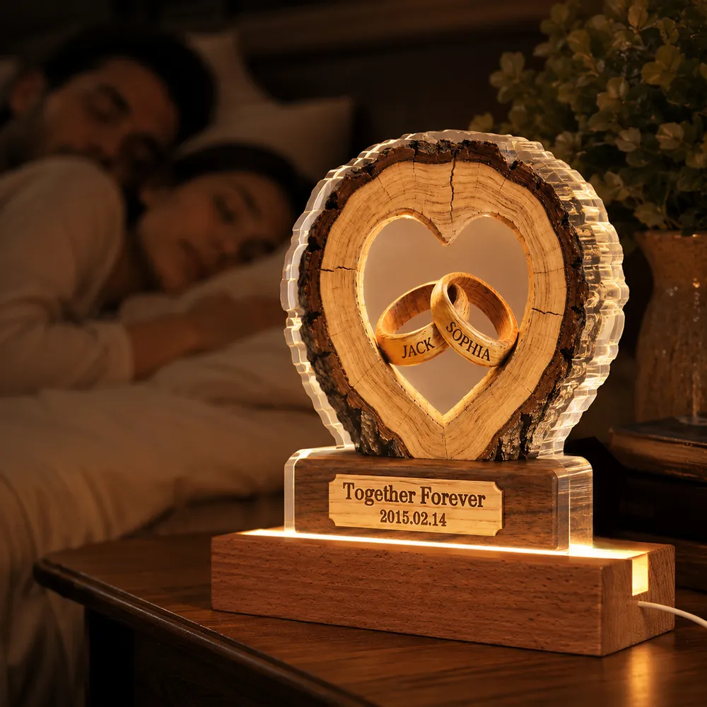 Personalized LED Light Plaque With Heart & Rings, Unique Anniversary Gift for a Couple, Warm Bedside Glow - Image 3