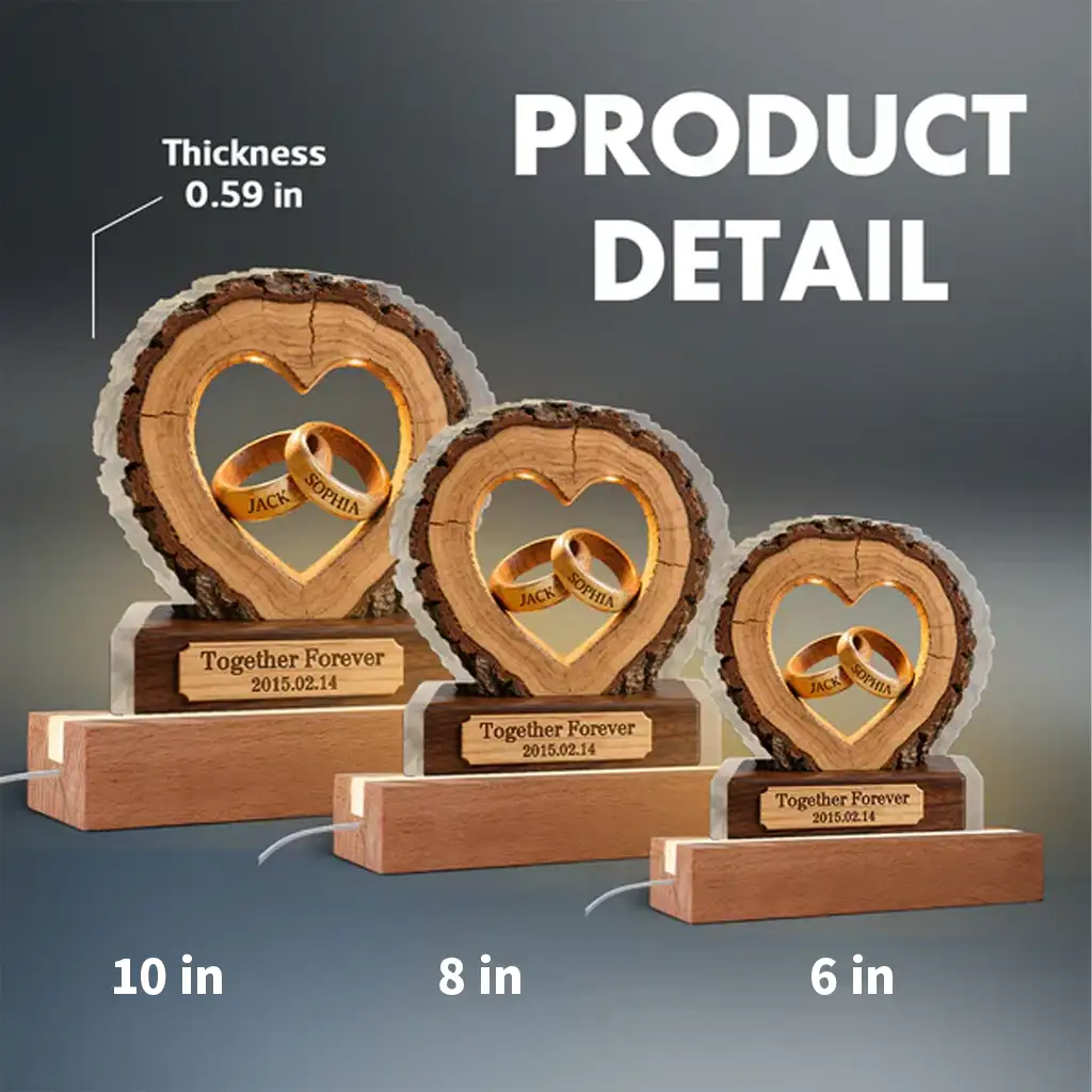 Personalized LED Light Plaque With Heart & Rings, Unique Anniversary Gift for a Couple, Warm Bedside Glow - Image 4
