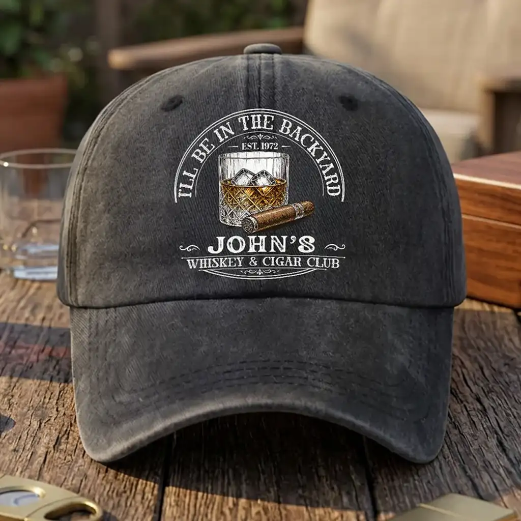 Custom Washed Denim Baseball Cap, I'll Be In The Backyard Design, Creative Gift for Whiskey Lovers