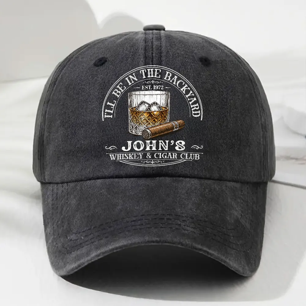 Custom Washed Denim Baseball Cap, I'll Be In The Backyard Design, Creative Gift for Whiskey Lovers - Image 2