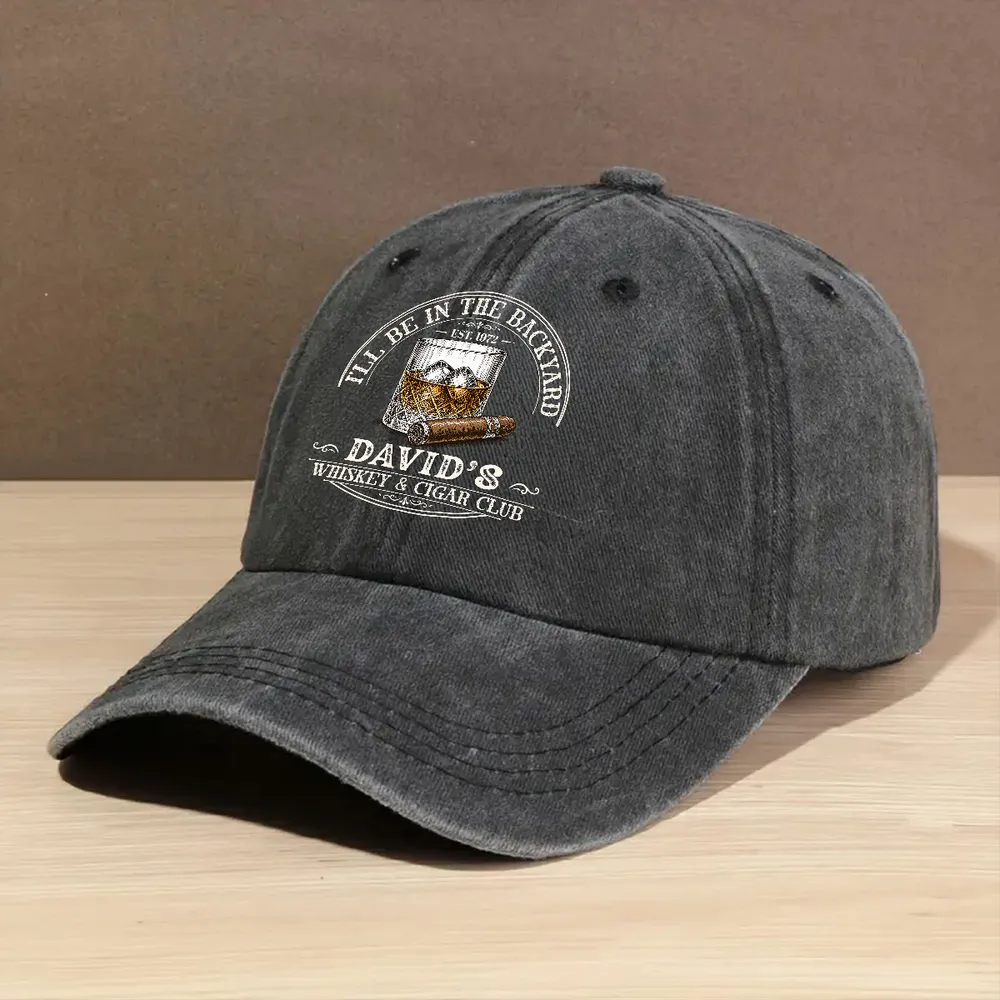 Custom Washed Denim Baseball Cap, I'll Be In The Backyard Design, Creative Gift for Whiskey Lovers - Image 3