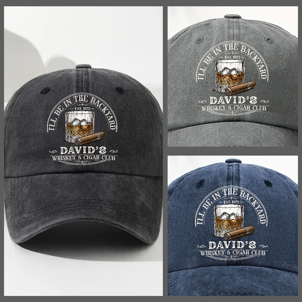 Custom Washed Denim Baseball Cap, I'll Be In The Backyard Design, Creative Gift for Whiskey Lovers - Image 5