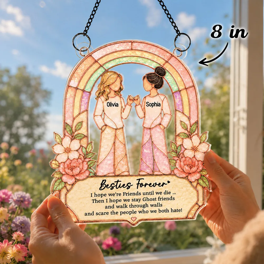 Personalized Acrylic Suncatcher Ornament, Pinky Promise Friends at Sunlit Window, Unique Gift - Image 2