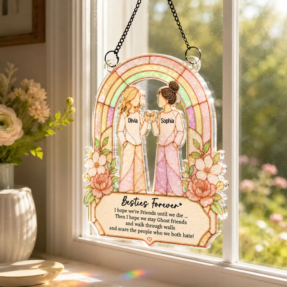 Personalized Acrylic Suncatcher Ornament, Pinky Promise Friends at Sunlit Window, Unique Gift - Image 3