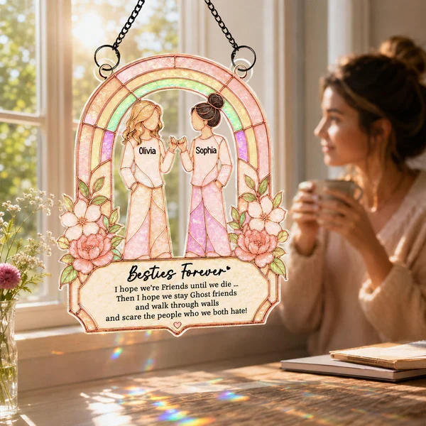 Personalized Acrylic Suncatcher Ornament, Pinky Promise Friends at Sunlit Window, Unique Gift - Image 5