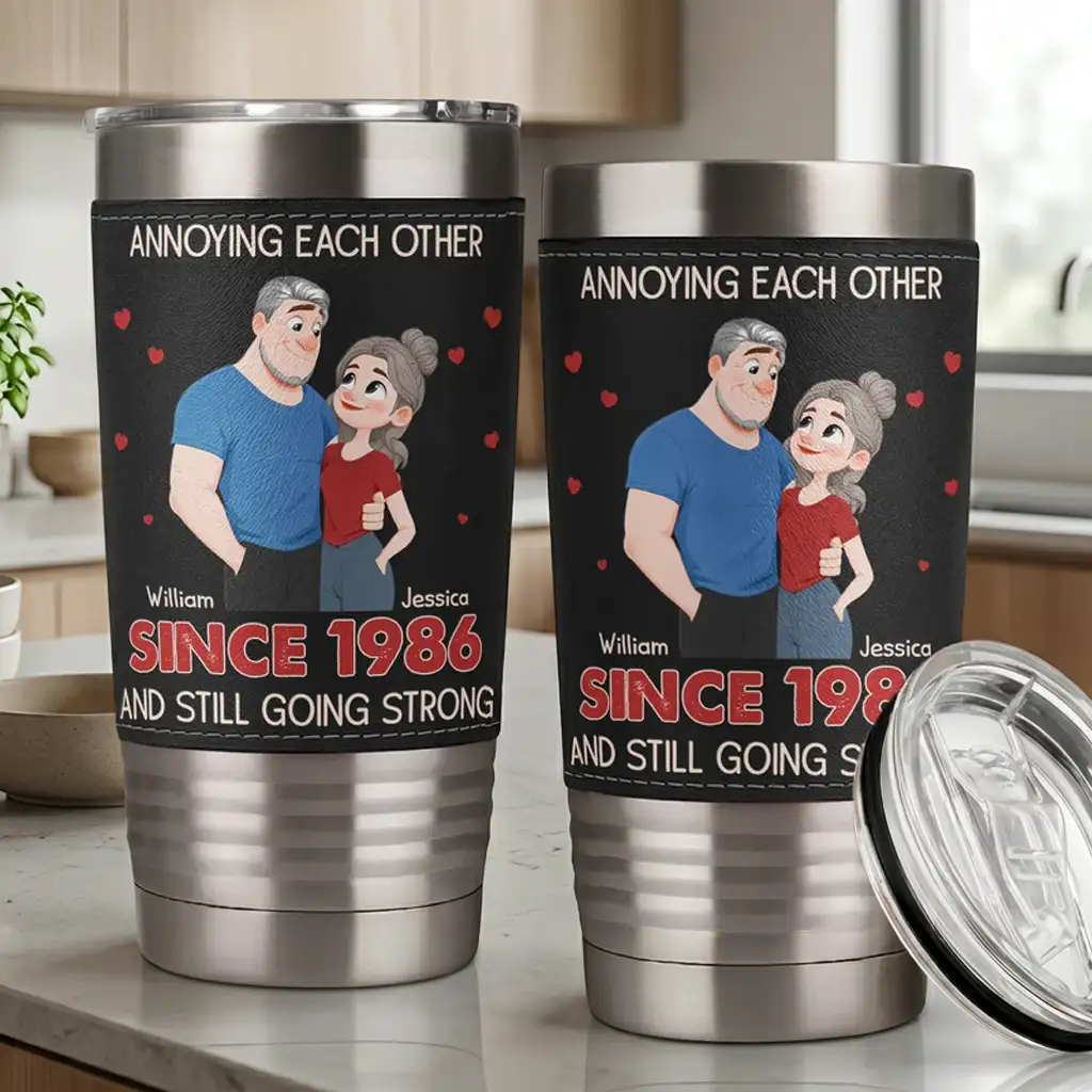Personalized Leather Wrapped Tumbler, Cartoon Couple With Hearts, Unique Creative Gift for Couple
