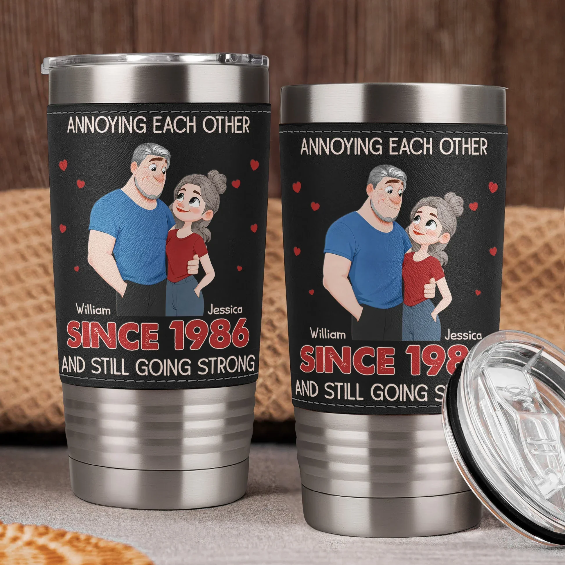 Personalized Leather Wrapped Tumbler, Cartoon Couple With Hearts, Unique Creative Gift for Couple - Image 2