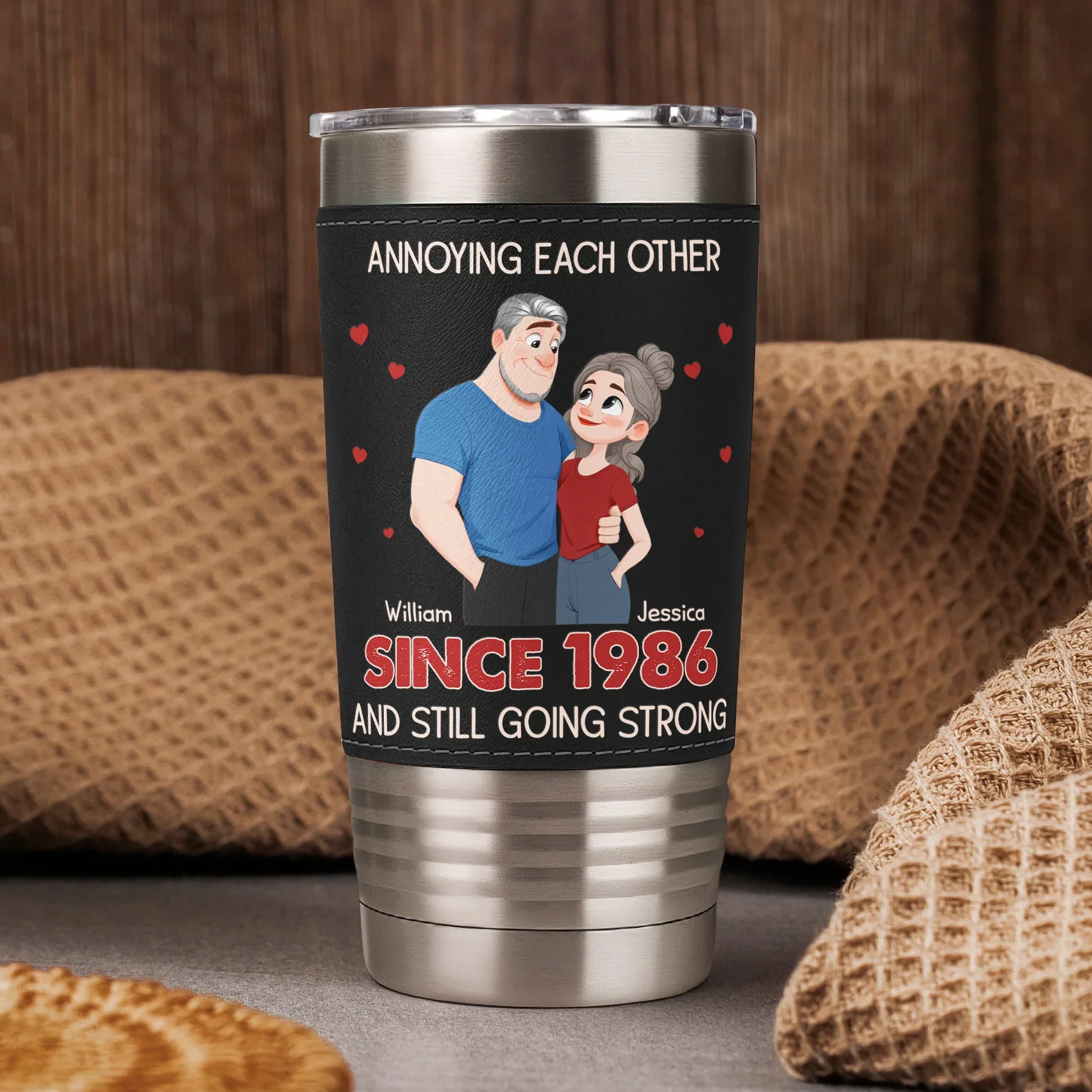 Personalized Leather Wrapped Tumbler, Cartoon Couple With Hearts, Unique Creative Gift for Couple - Image 3