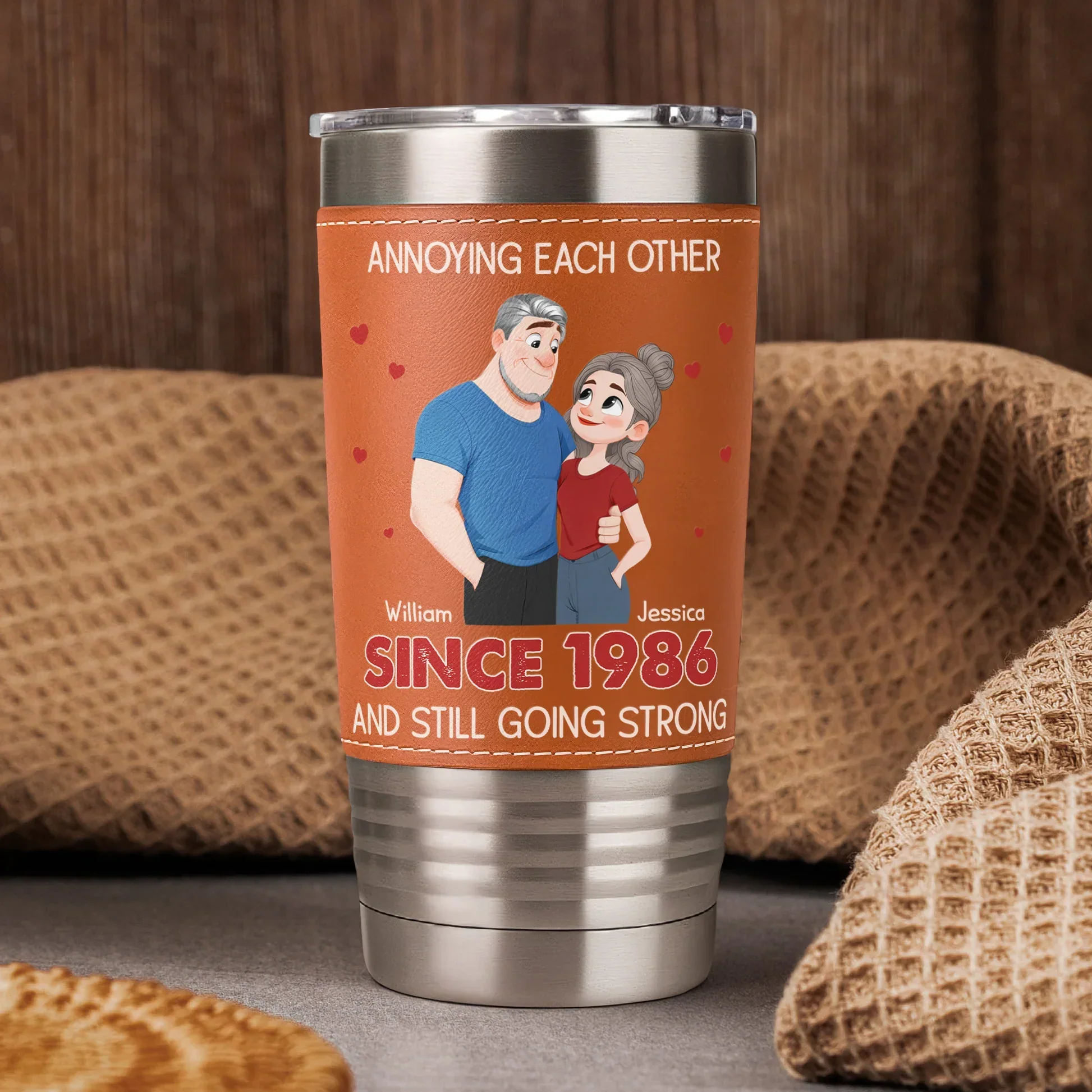 Personalized Leather Wrapped Tumbler, Cartoon Couple With Hearts, Unique Creative Gift for Couple - Image 5