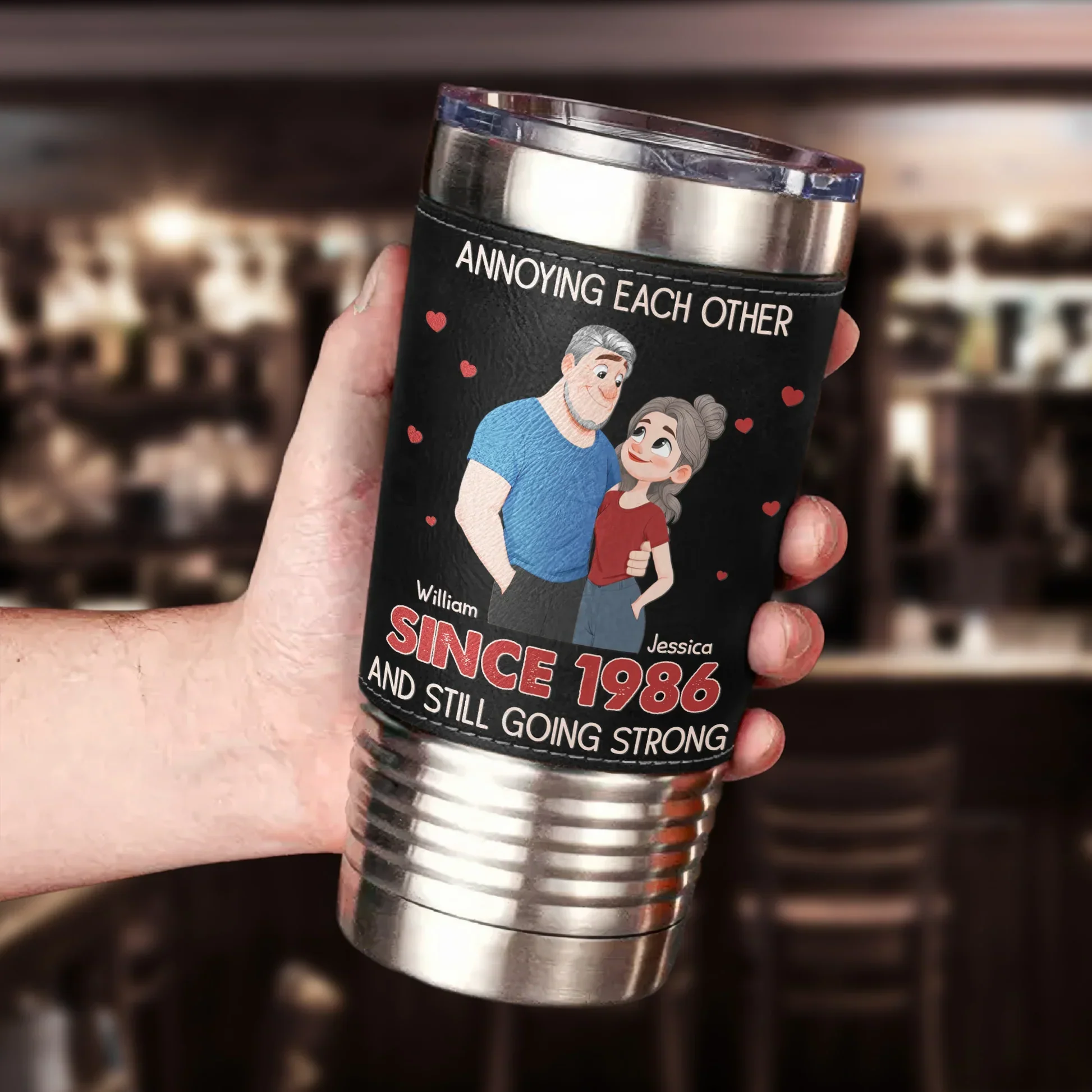 Personalized Leather Wrapped Tumbler, Cartoon Couple With Hearts, Unique Creative Gift for Couple - Image 6