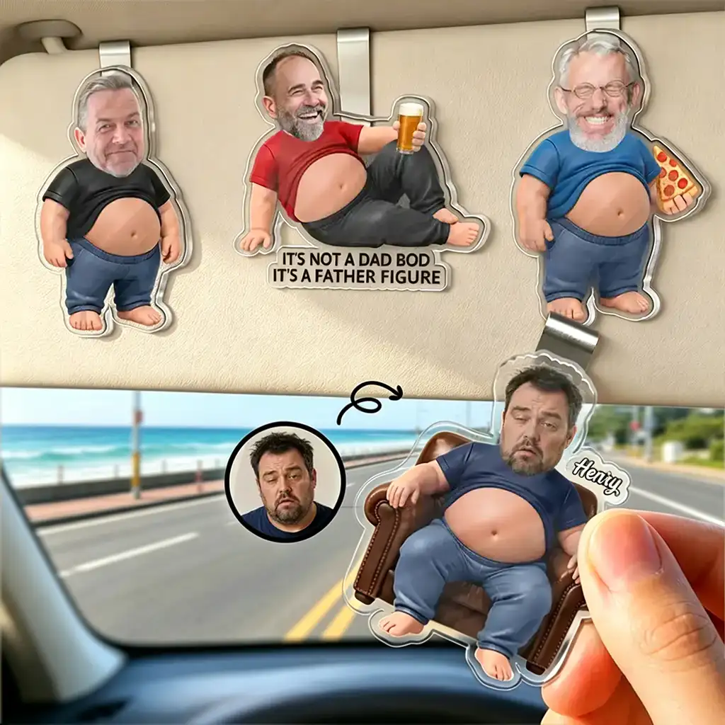 Funny Dad Bod Acrylic Car Visor Clip, Personalized Father Figure Creative Gift For Drivers