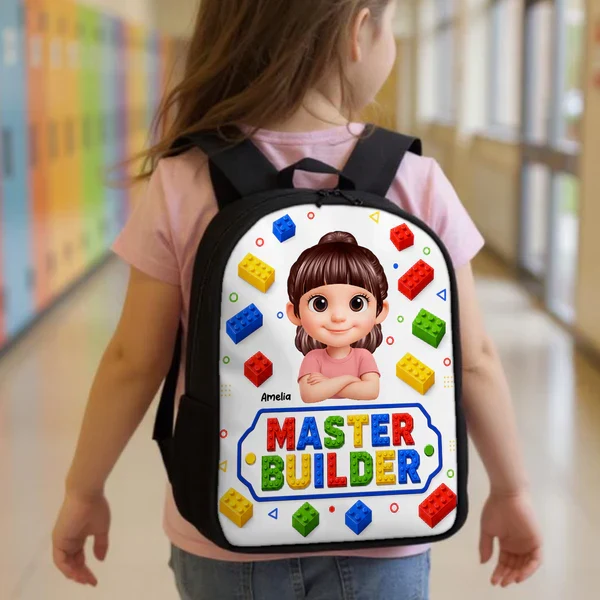 Personalized Kids School Backpack With Smiling Cartoon Child & Colorful Block Art, Creative Gift for Boys & Girls - Image 3