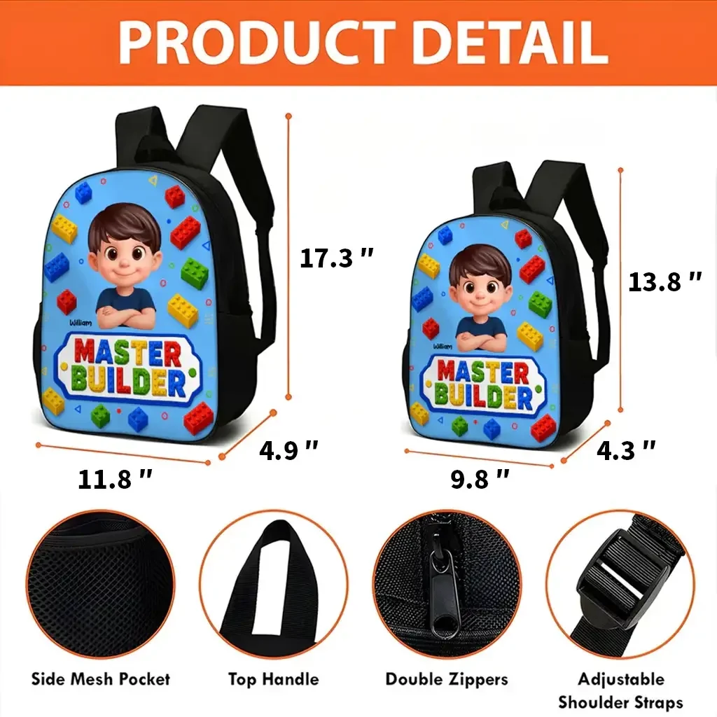 Personalized Kids School Backpack With Smiling Cartoon Child & Colorful Block Art, Creative Gift for Boys & Girls - Image 4