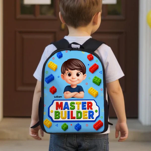 Personalized Kids School Backpack With Smiling Cartoon Child & Colorful Block Art, Creative Gift for Boys & Girls - Image 5