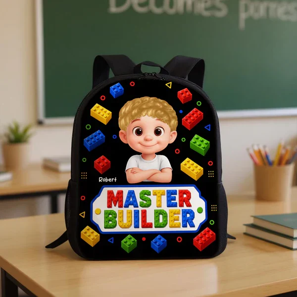 Personalized Kids School Backpack With Smiling Cartoon Child & Colorful Block Art, Creative Gift for Boys & Girls - Image 6