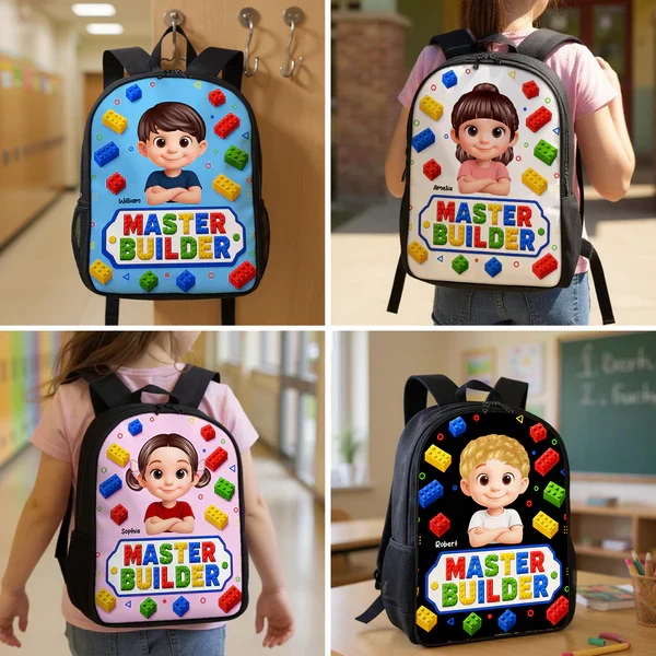 Personalized Kids School Backpack With Smiling Cartoon Child & Colorful Block Art, Creative Gift for Boys & Girls - Image 8