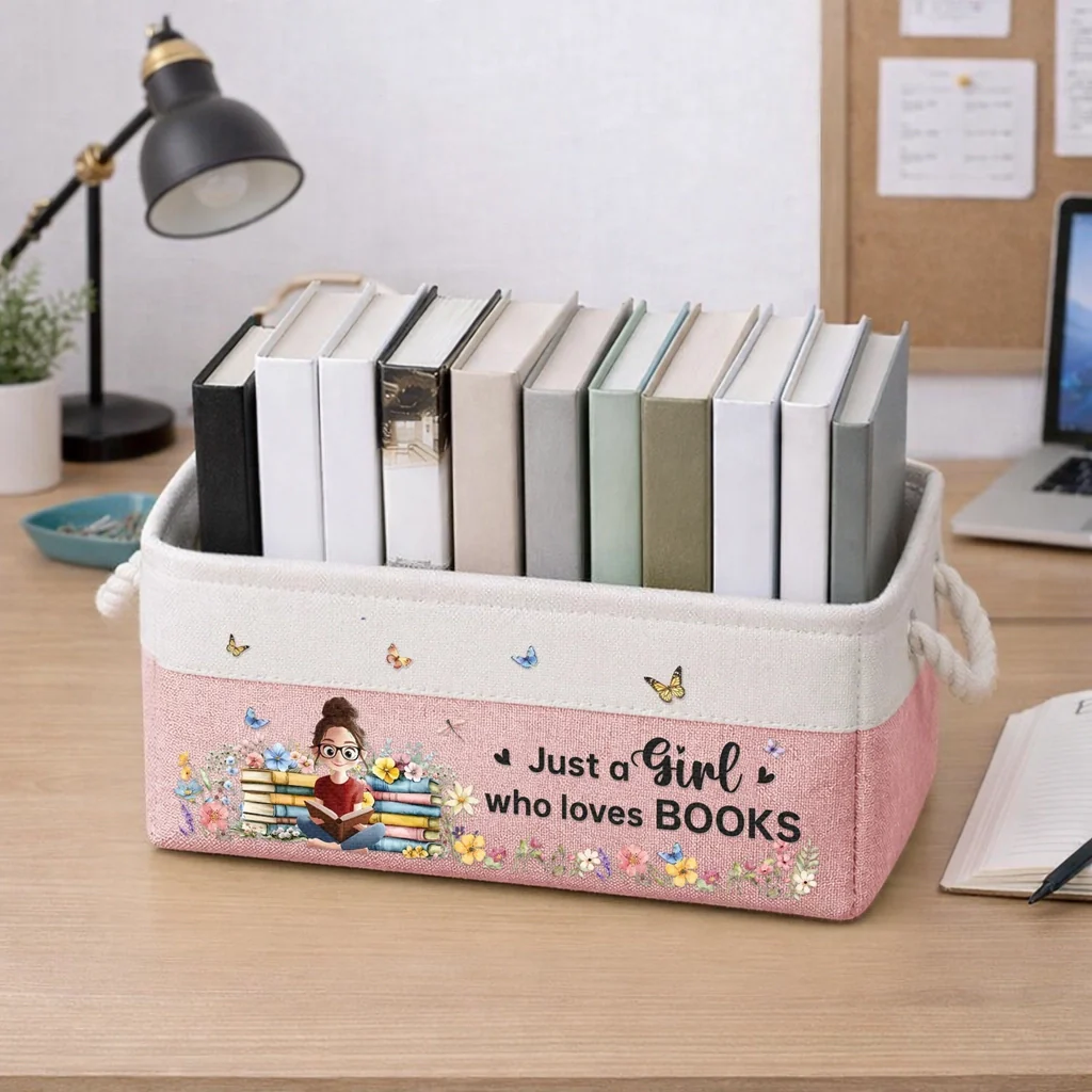 Personalized Cotton Linen Rope Basket for Book Lovers, Cute Girl Reading Design, Unique Creative Gift