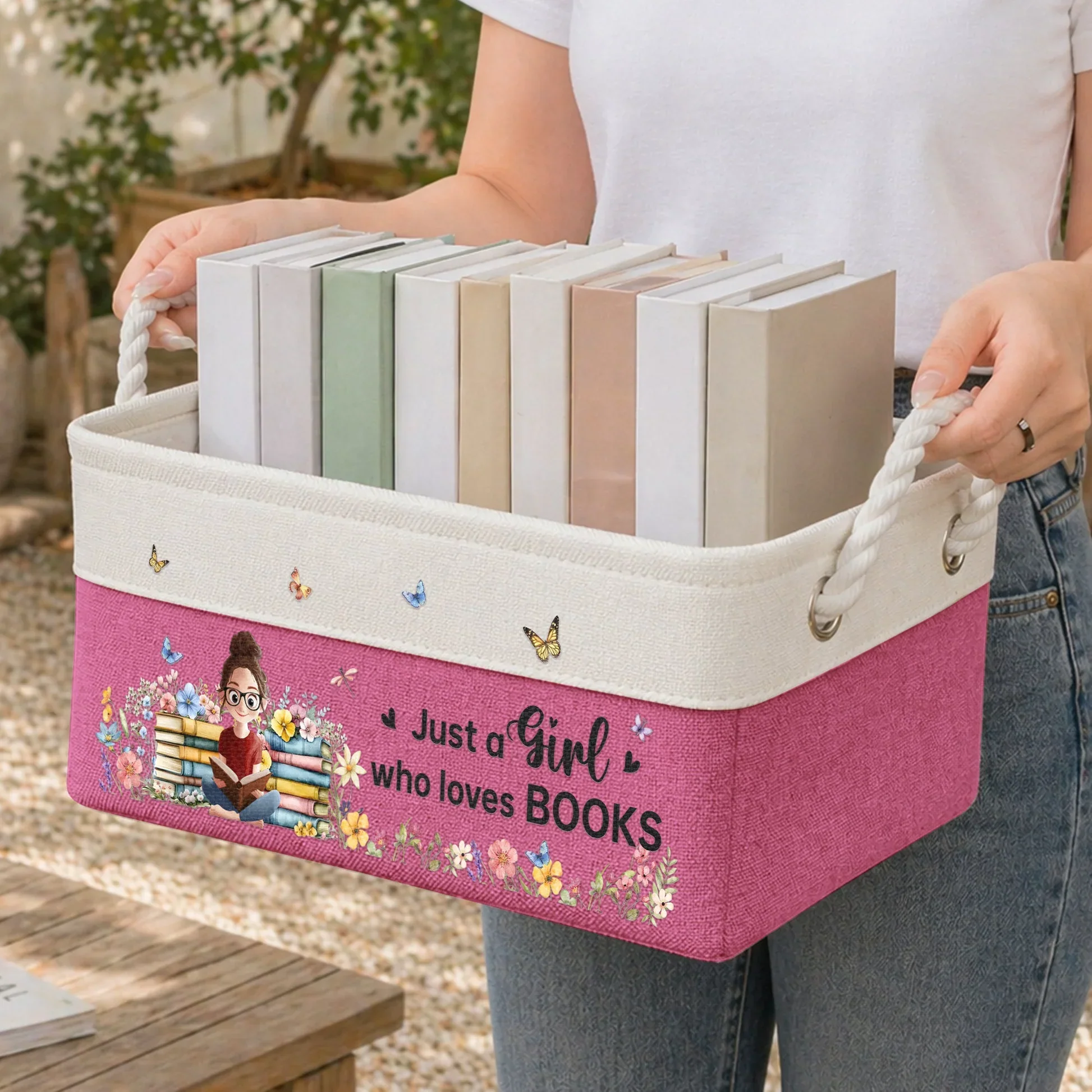 Personalized Cotton Linen Rope Basket for Book Lovers, Cute Girl Reading Design, Unique Creative Gift - Image 2