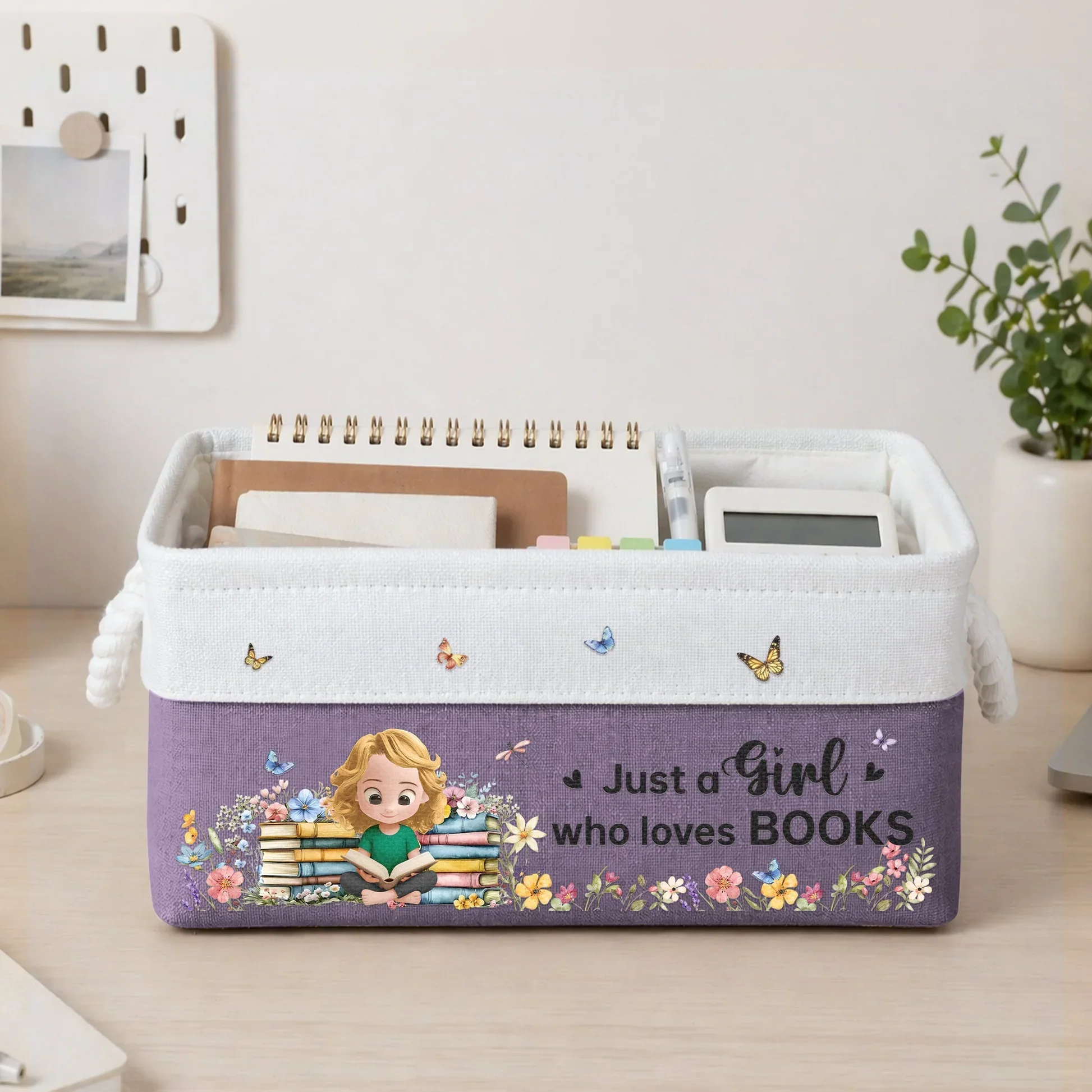Personalized Cotton Linen Rope Basket for Book Lovers, Cute Girl Reading Design, Unique Creative Gift - Image 3