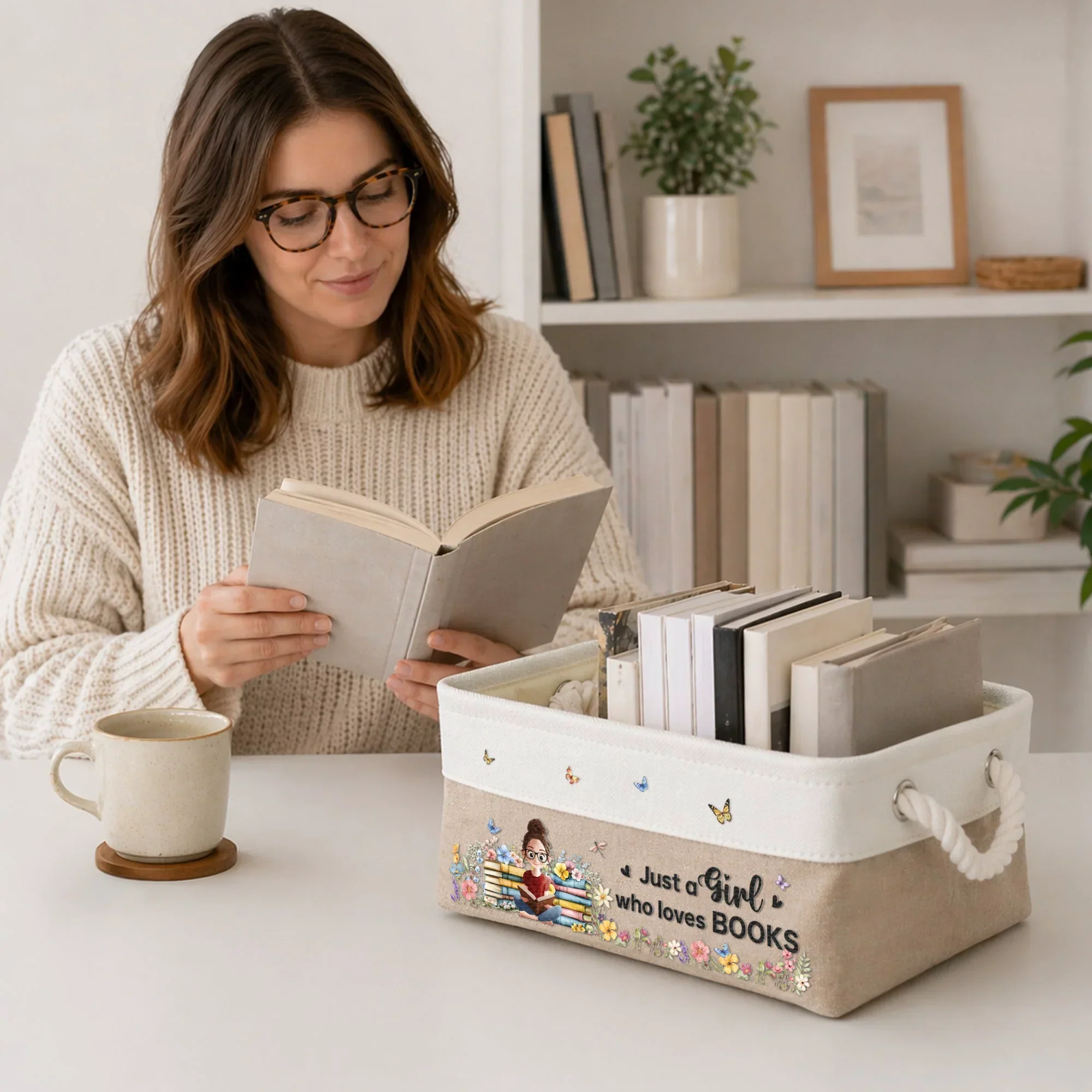 Personalized Cotton Linen Rope Basket for Book Lovers, Cute Girl Reading Design, Unique Creative Gift - Image 5