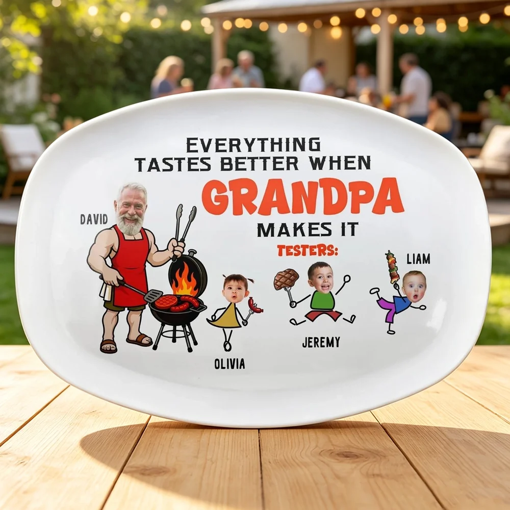 Personalized Grilling Plate for Grandpa, Funny BBQ Cartoon, Unique Creative Gift for Family Cookouts