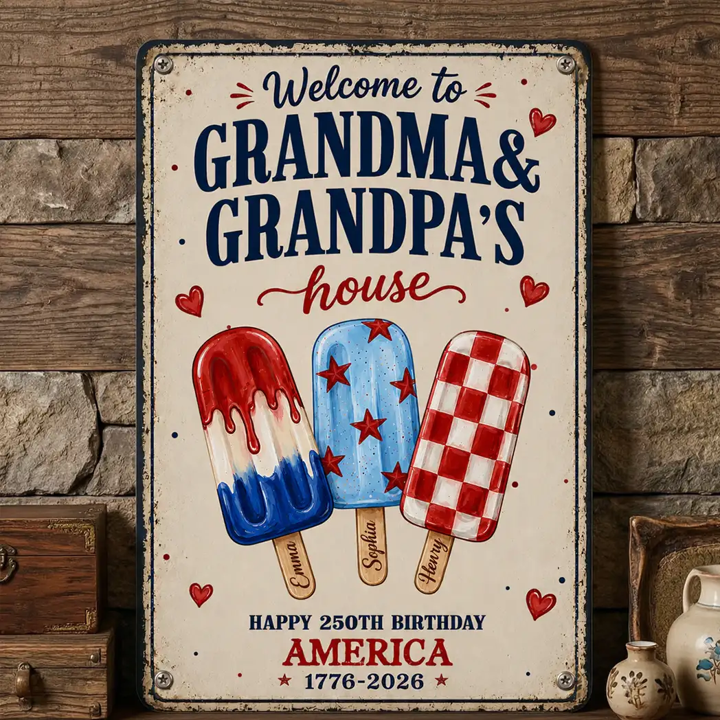 Custom Rectangular Iron Sign for Grandparents, Vintage Red & Blue Welcome Decor, Creative Family Gift