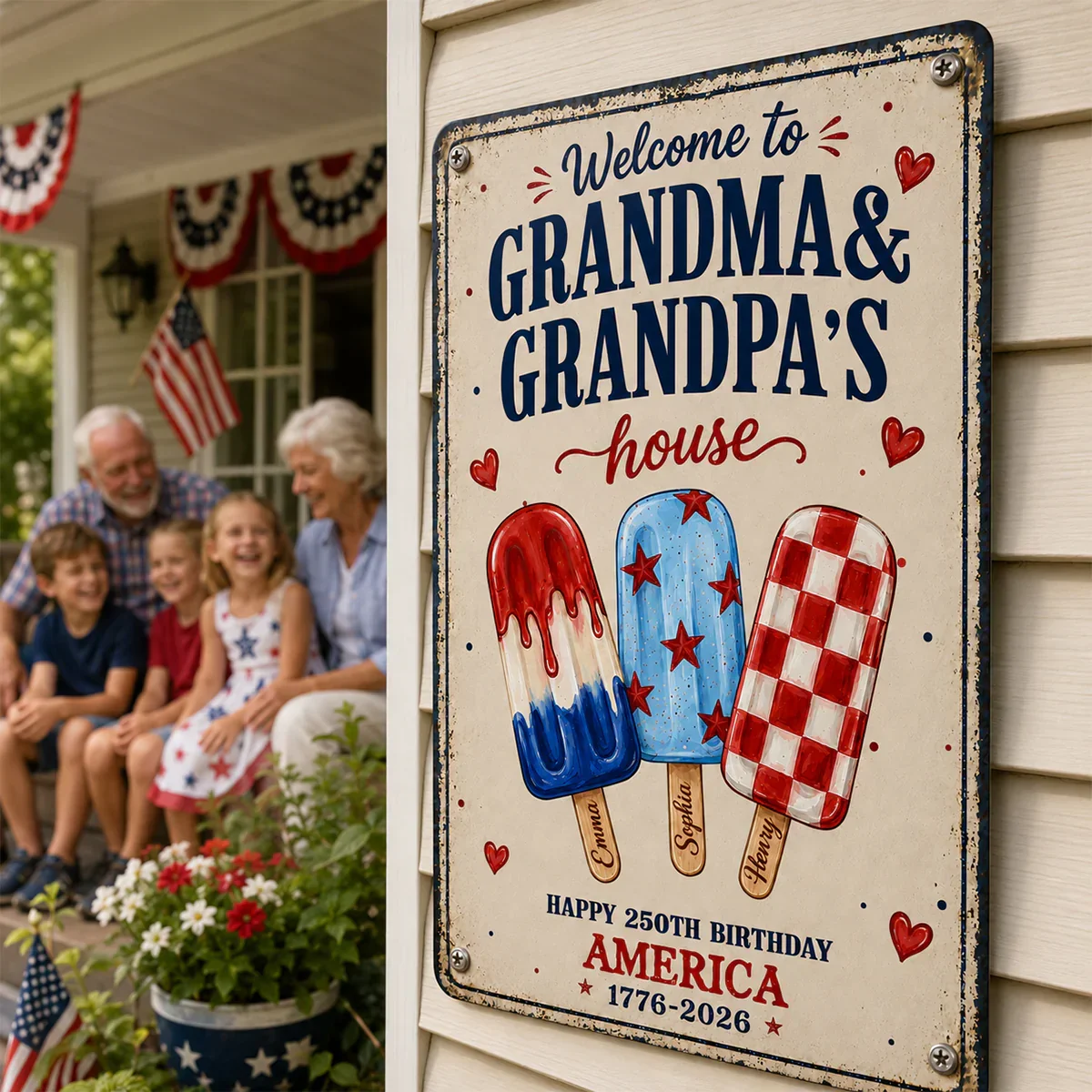 Custom Rectangular Iron Sign for Grandparents, Vintage Red & Blue Welcome Decor, Creative Family Gift - Image 2
