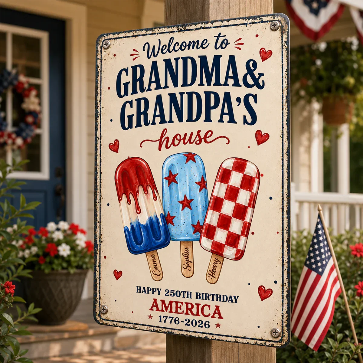 Custom Rectangular Iron Sign for Grandparents, Vintage Red & Blue Welcome Decor, Creative Family Gift - Image 3