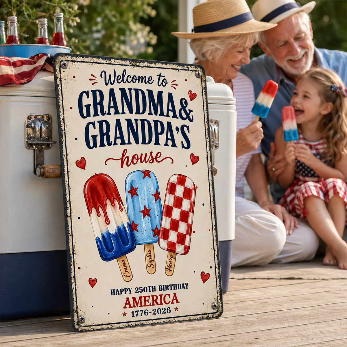 Custom Rectangular Iron Sign for Grandparents, Vintage Red & Blue Welcome Decor, Creative Family Gift - Image 4