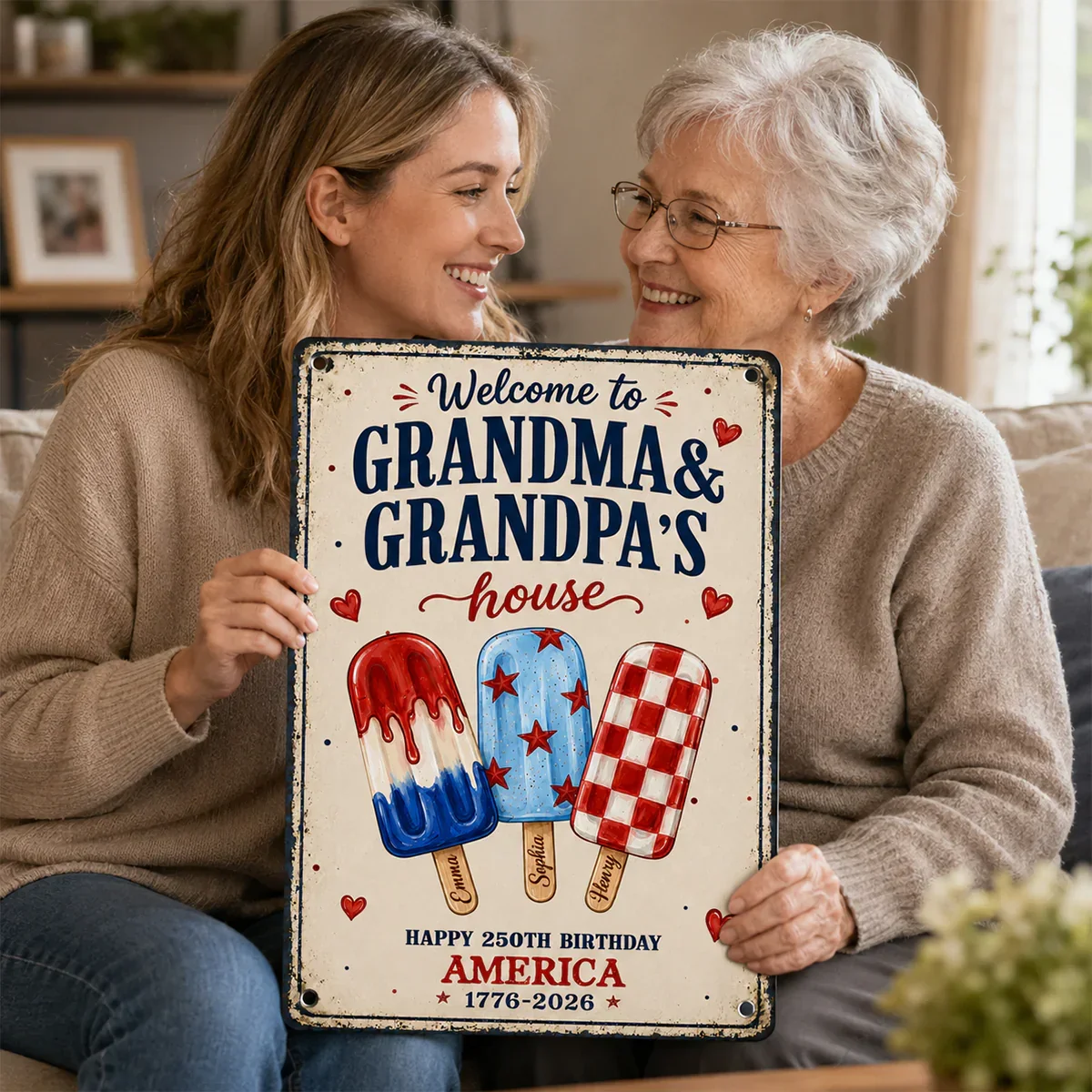 Custom Rectangular Iron Sign for Grandparents, Vintage Red & Blue Welcome Decor, Creative Family Gift - Image 5