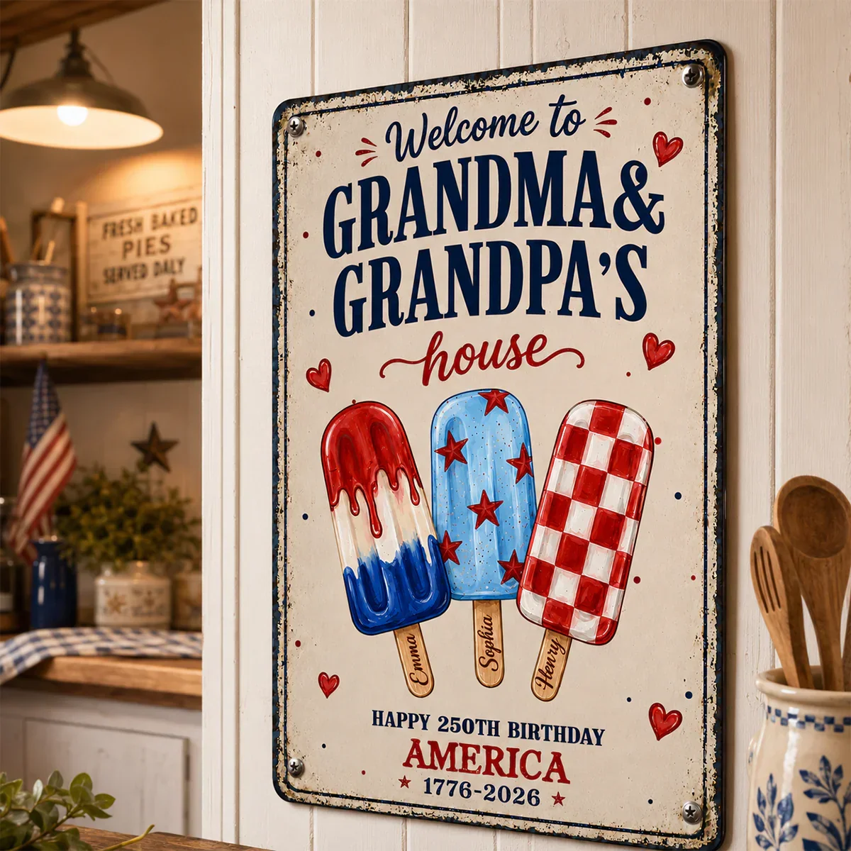 Custom Rectangular Iron Sign for Grandparents, Vintage Red & Blue Welcome Decor, Creative Family Gift - Image 6