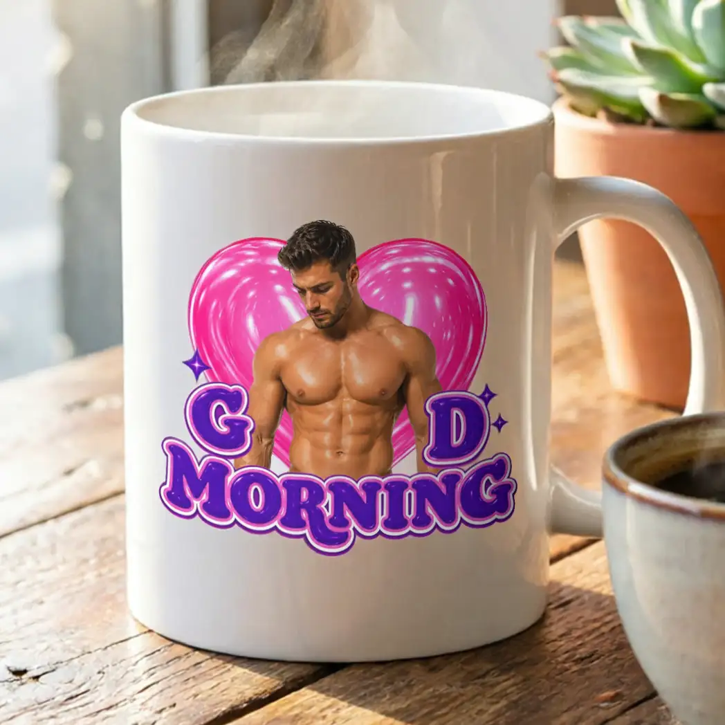 Personalized Funny Good Morning Ceramic Mug With Pink Heart & Muscle Man, Unique Creative Gift For Her