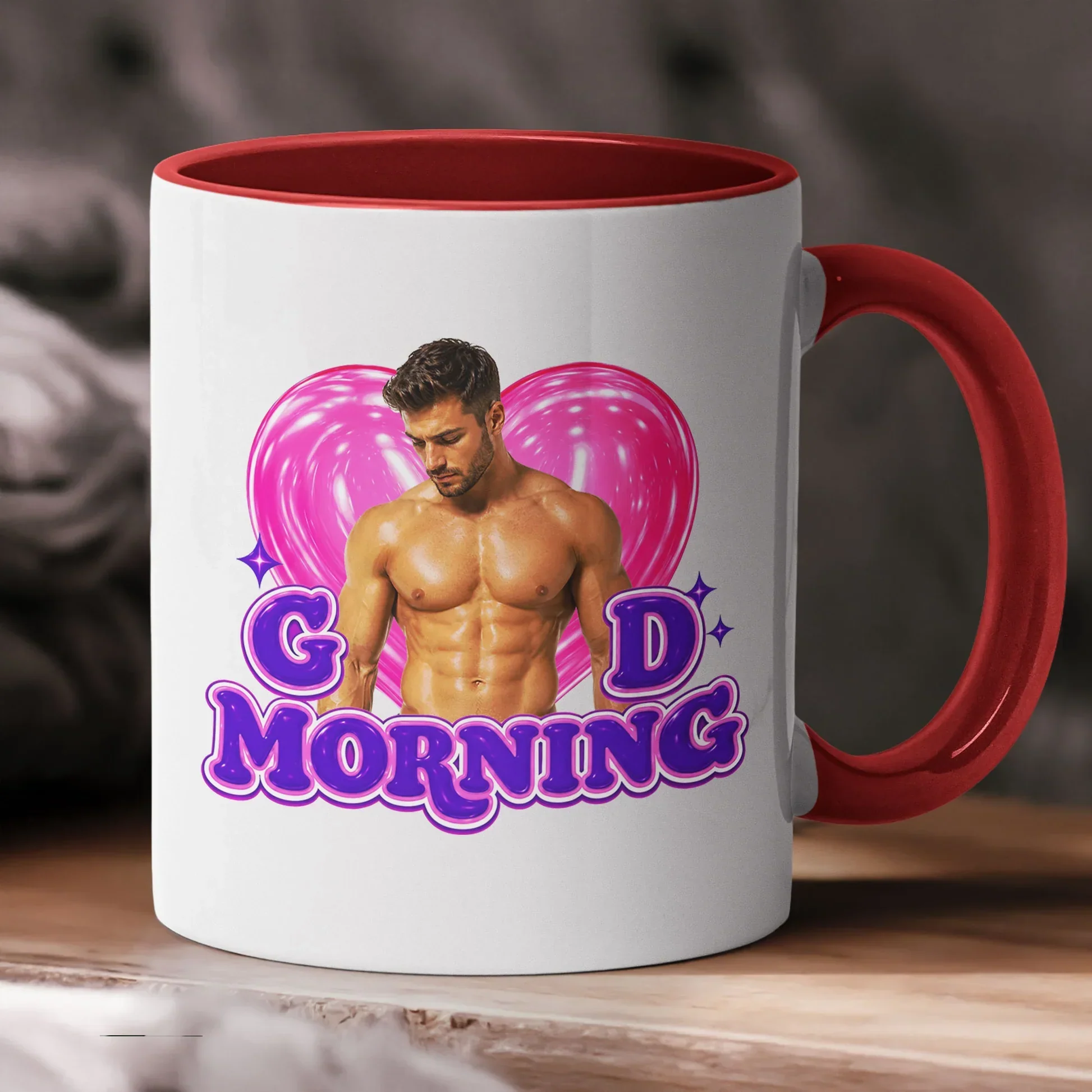 Personalized Funny Good Morning Ceramic Mug With Pink Heart & Muscle Man, Unique Creative Gift For Her - Image 2