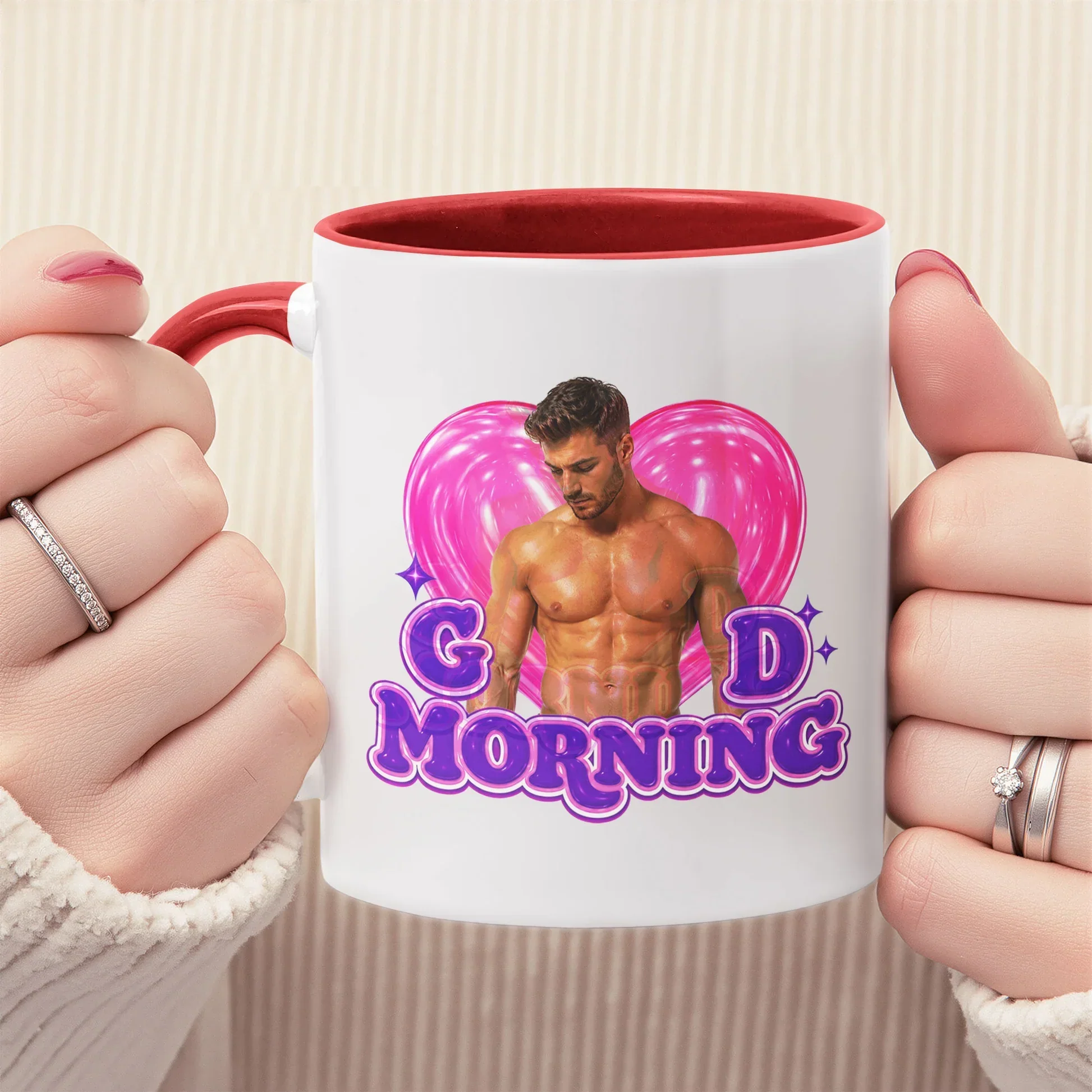 Personalized Funny Good Morning Ceramic Mug With Pink Heart & Muscle Man, Unique Creative Gift For Her - Image 3