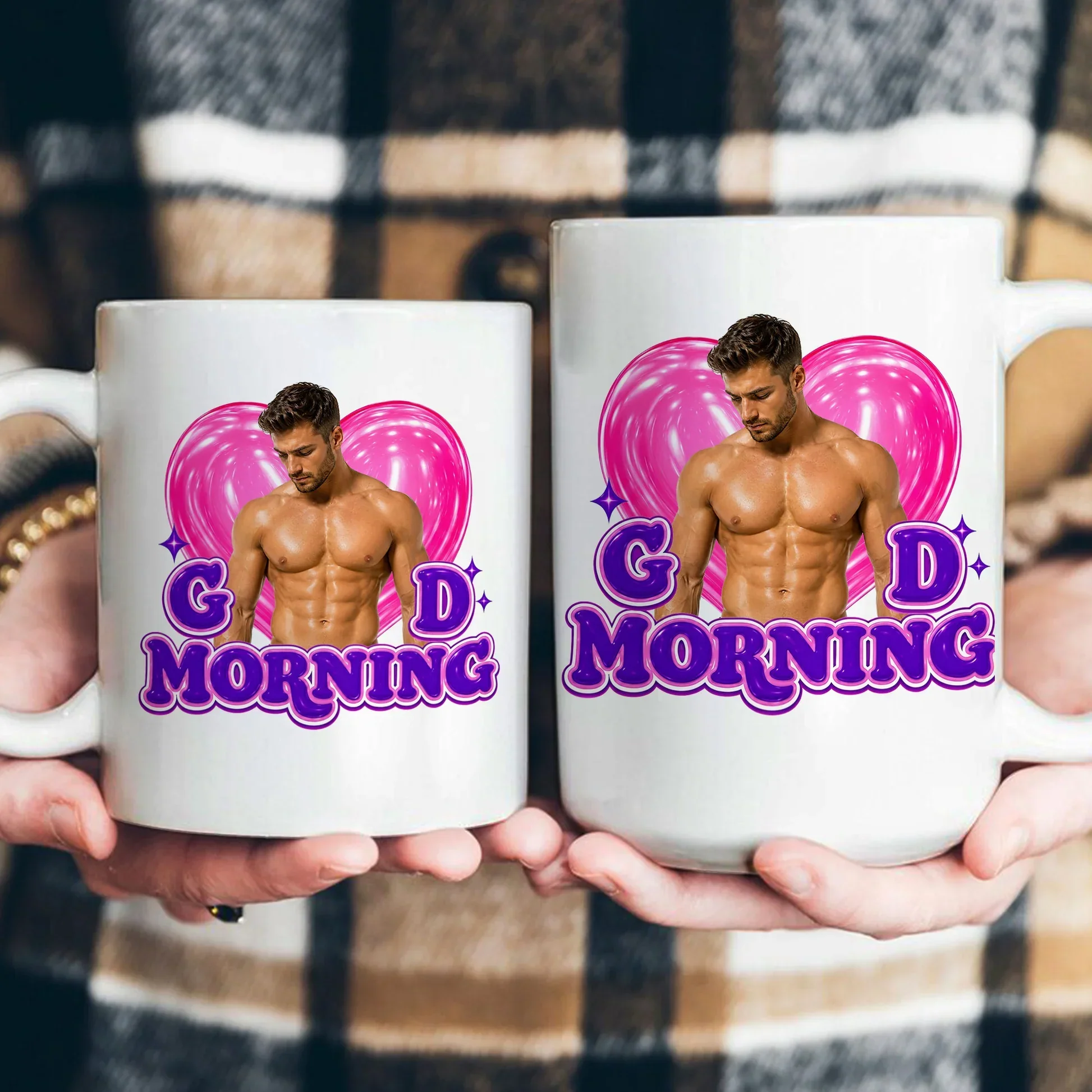 Personalized Funny Good Morning Ceramic Mug With Pink Heart & Muscle Man, Unique Creative Gift For Her - Image 4