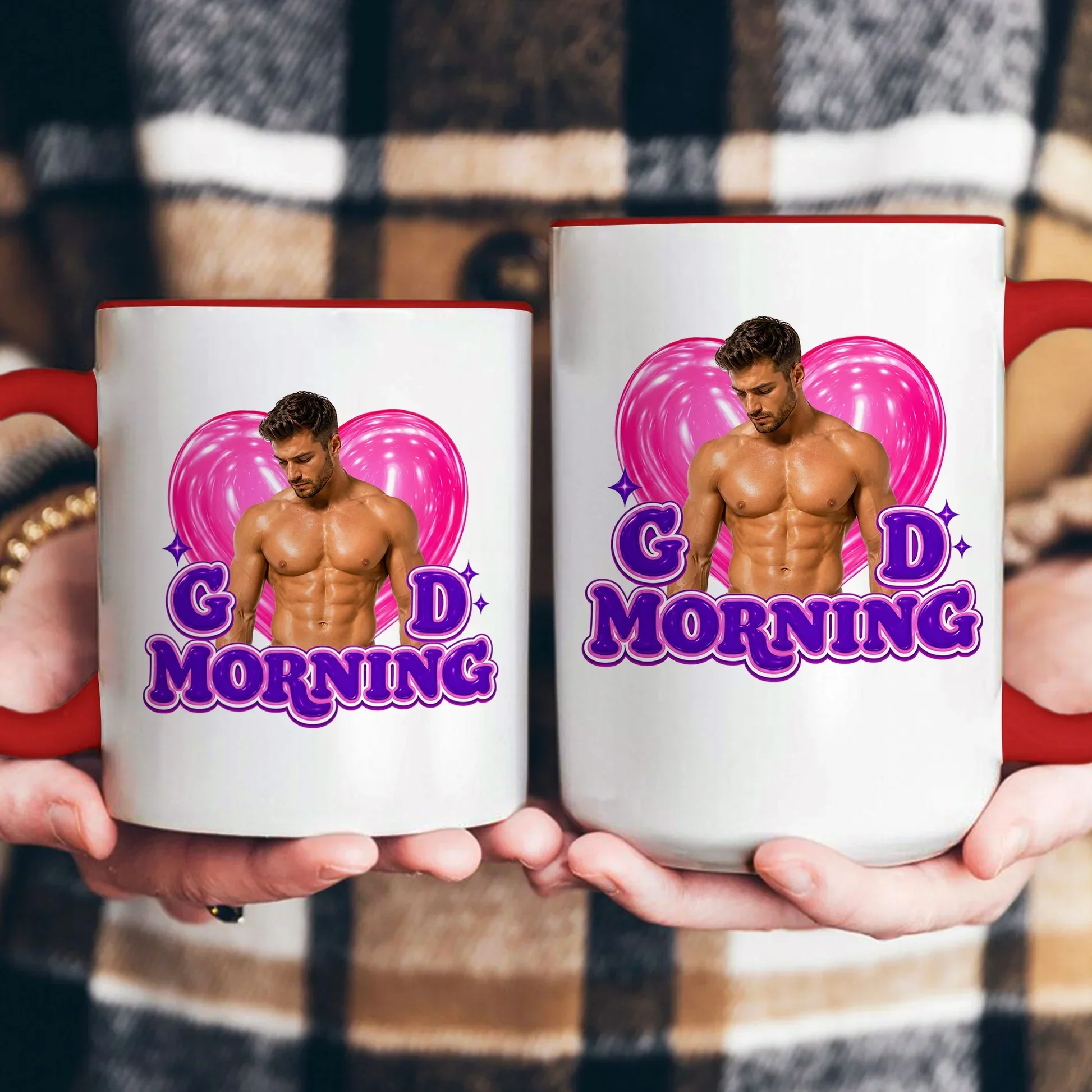 Personalized Funny Good Morning Ceramic Mug With Pink Heart & Muscle Man, Unique Creative Gift For Her - Image 5