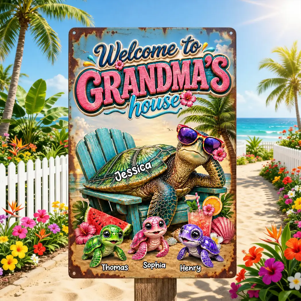 Rectangular Iron Sign for Grandma, Personalized Turtle Family Beach Scene, Creative Gift for Her