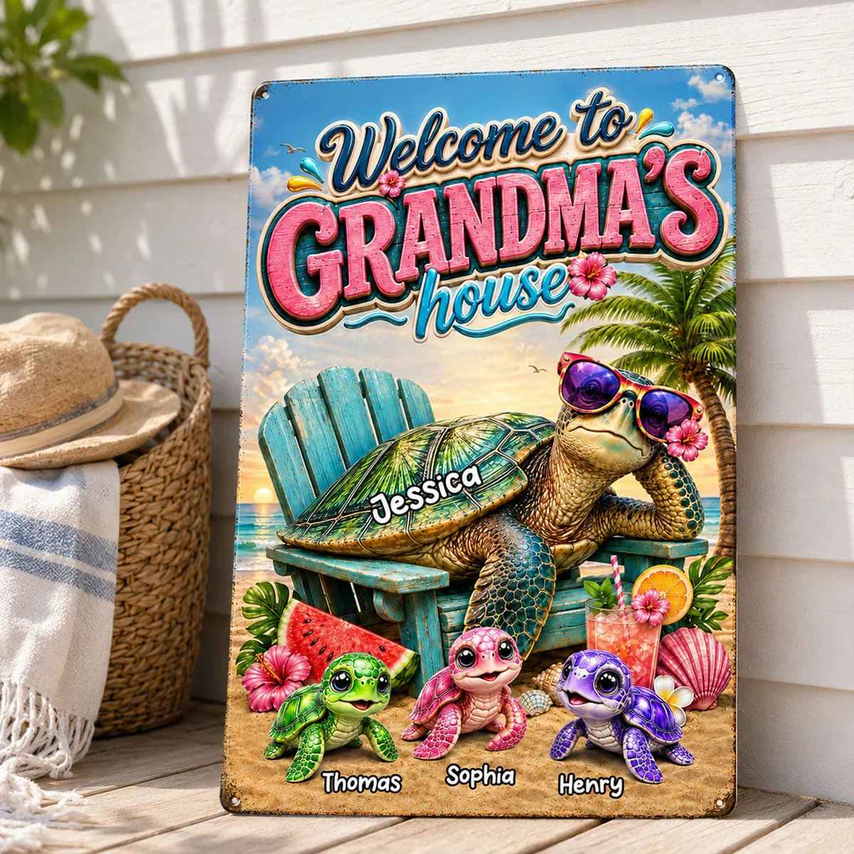Rectangular Iron Sign for Grandma, Personalized Turtle Family Beach Scene, Creative Gift for Her - Image 2
